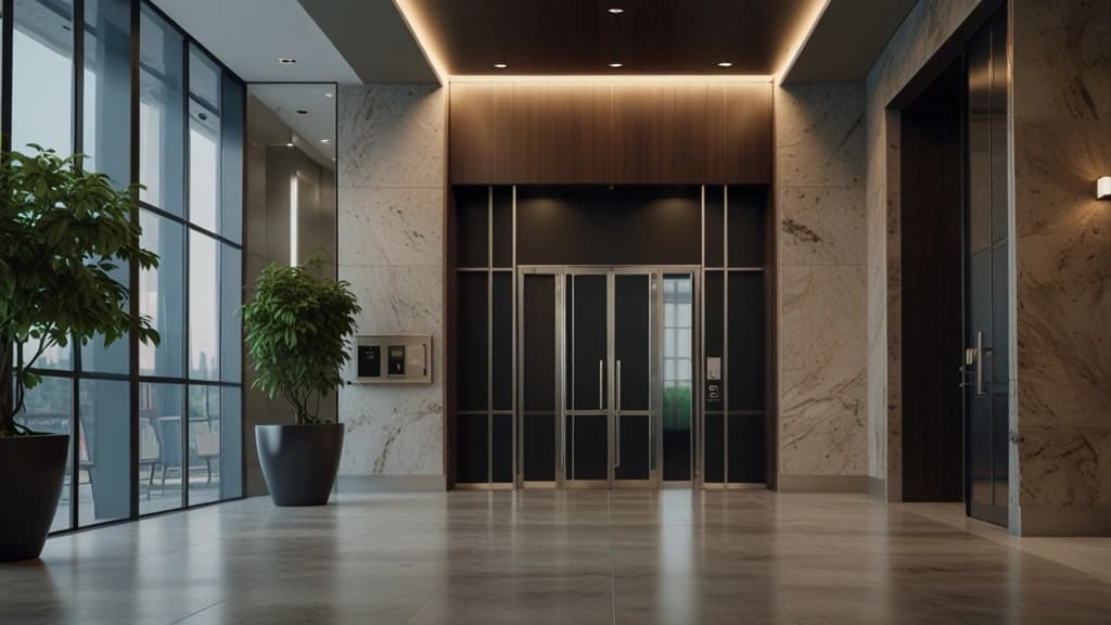 Hall de entrada de edifício com portas de elevador modernas em ambiente sofisticado.