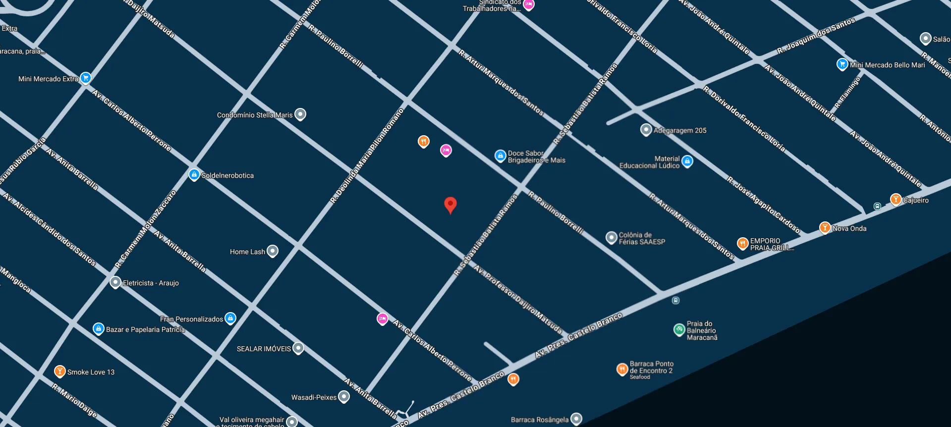 Mapa mostrando a localização da Nexa Elevadores na Av. Professor Daijiro Matsuda, 186, Maracanã, Praia Grande/SP.