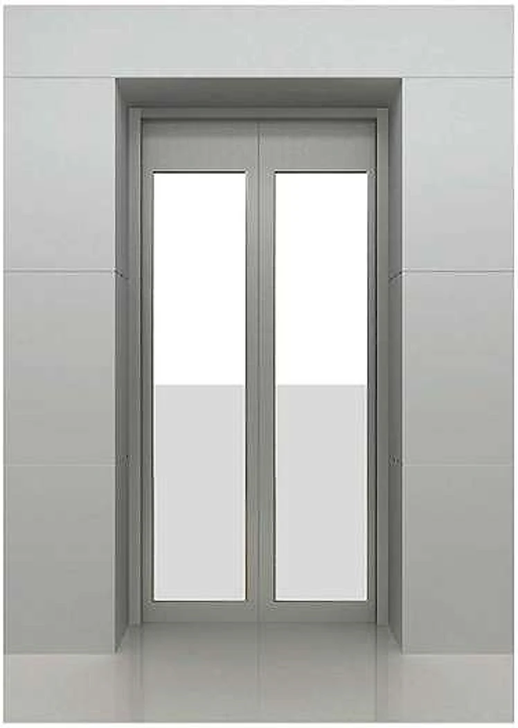 Porta de elevador com visor de vidro.